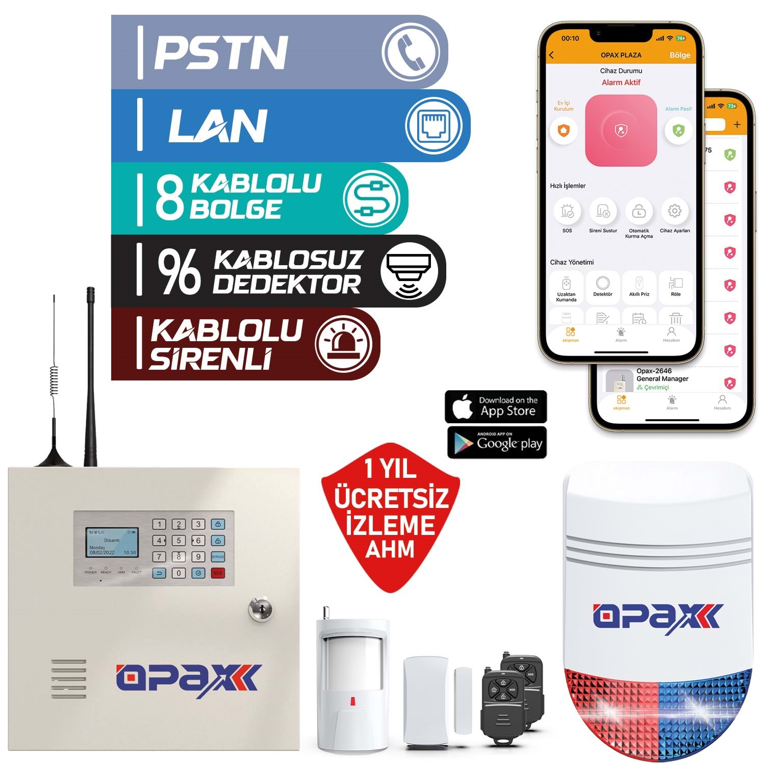 OPAX-2545LAN+BGR+10+AKÜ NETWORKLÜ ALARM PANELİ &BGR-10 KABLOLU SİRENLİ FULLSET 